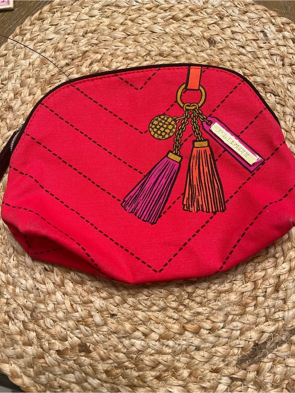 Vintage Estee Lauder Pink and Gold Tassel Cosmetic Pouch